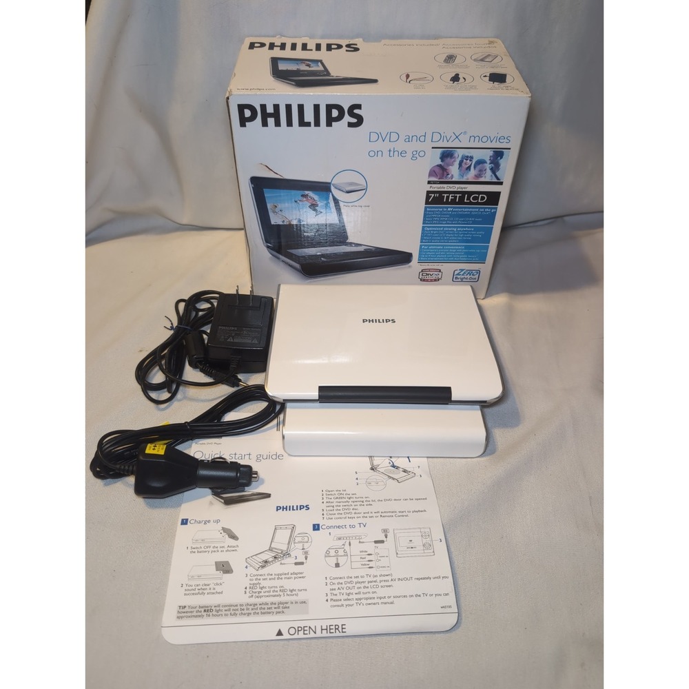 Philips Portable 7" DVD Player PET724 W/Box, Battery Pack, & Chargers WORKS
